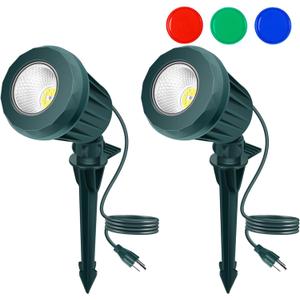 Spotlight Outdoor  120V Plug-in, 2700K Warm White LED Landscape Spot Lights with RGB 3 Lenses for Yard, Garden, Lawn&Tree Decor, IP67 Waterproof, Perfect for Holidays&Everyday (2 Pack, Green)