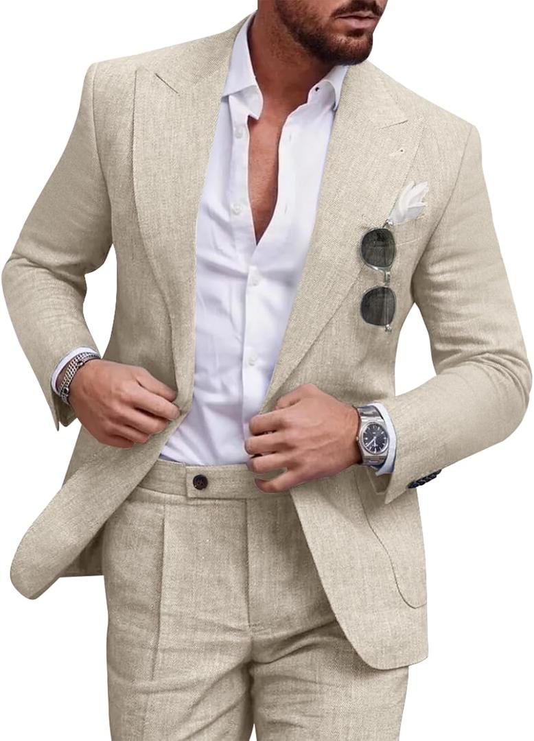 Linen Men Suit Set Casual Tuxedo 2 Piece Regular Fit Blazer One Button Solid Jacket and Pants for Prom Wedding Party (Beige, XXL)