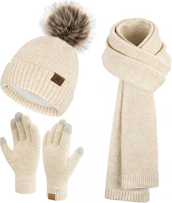 Womens Winter Warm Knit Beanie Hat Long Scarf Touchscreen Gloves Set with Fleece Lined Pom Skull Cap Gifts for Women