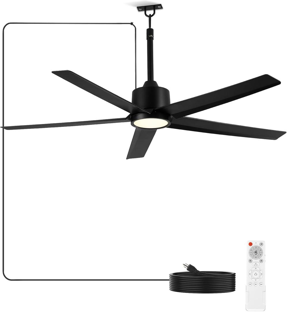 Ocioc 52" Outdoor Ceiling Fans with Light,Plug in Ceiling Fan with Quiet DC Motor Dimmable with Remote for Porch Patios Pavilion Indoor/Outdoor Use(Black)