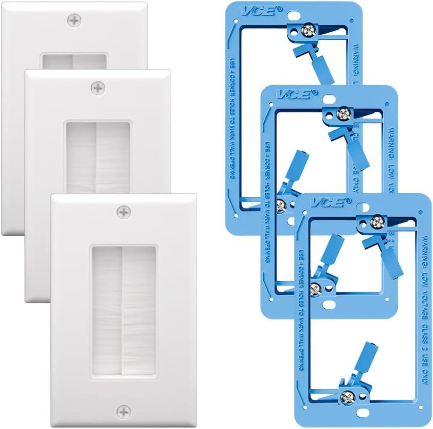 VCE Brush Wall Plate with Low Voltage Box, Decorator Wall Cover with Low Voltage Mounting Bracket for Wall-Mount TV, 3-Pack (White+Blue)
