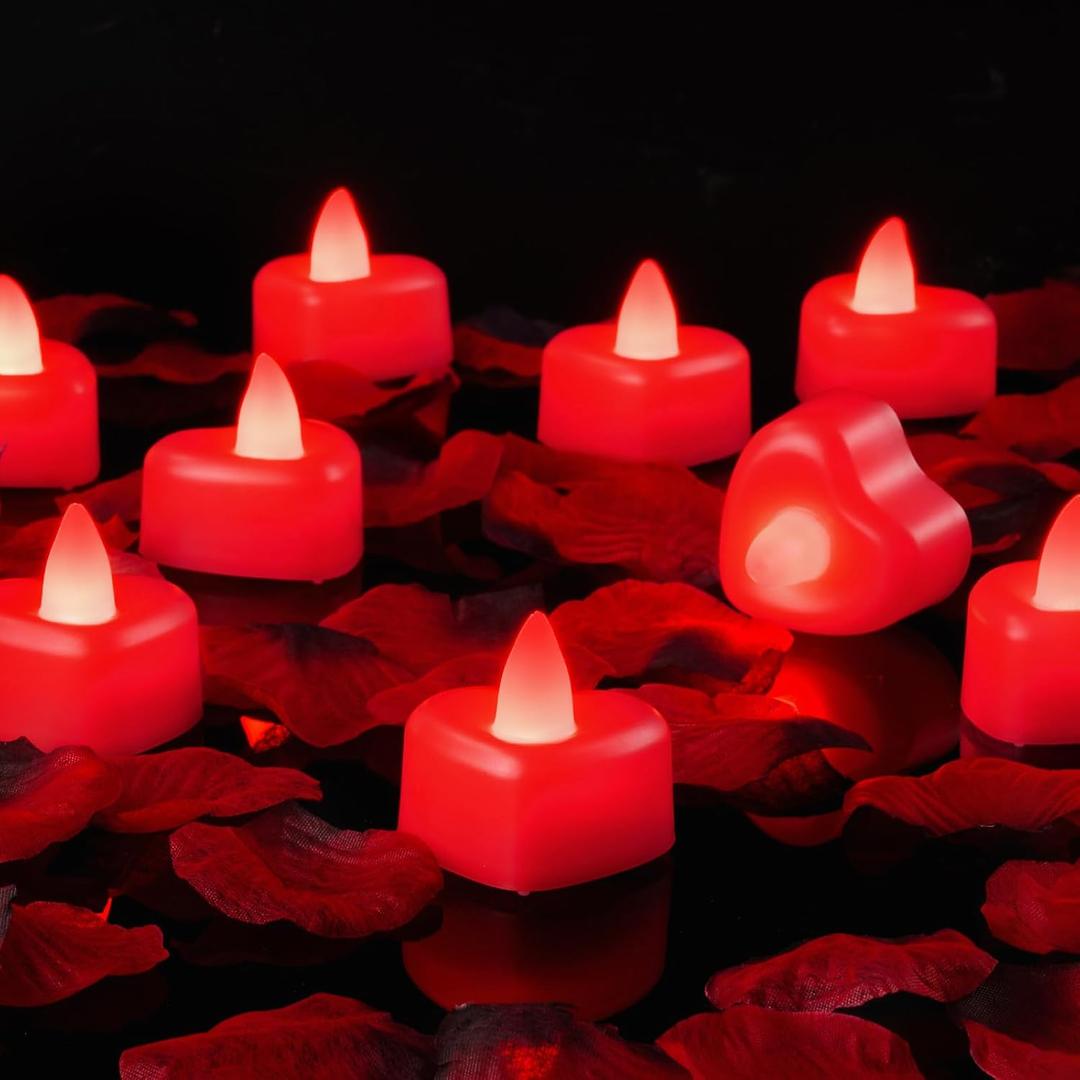 Amagic 1000 Pieces Red Artificial Rose Petals with 12 Red Heart LED Tea Lights, Rose Petals and Candles Set for Proposal, Anniversary, Romantic Night, Wedding Decor