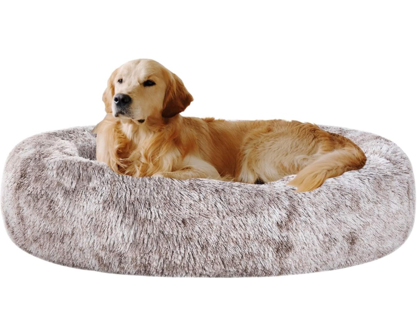 Coohom Oval Calming Donut Cuddler Dog Bed,Shag Faux Fur Cat Bed Washable Round Pillow Pet Bed(30"/36"/43") for Medium Dogs (XL(36"x27"x7"),Light Brown)