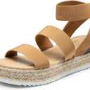 DREAM PAIRS Strappy Espadrille Platform Wedge Sandals for Women Dressy Summer, Comfortable Open Toe Sandals with Cushioned Insole and Ankle Strap Buckle, Size 8, Camel