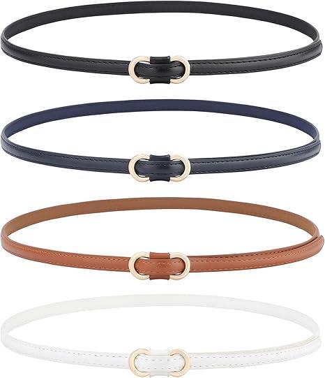 AWAYTR 4 Pack Women Skinny Belt - No Hole Fashion Thin Waist Belt for Dress Jeans Coats with Gold Buckle