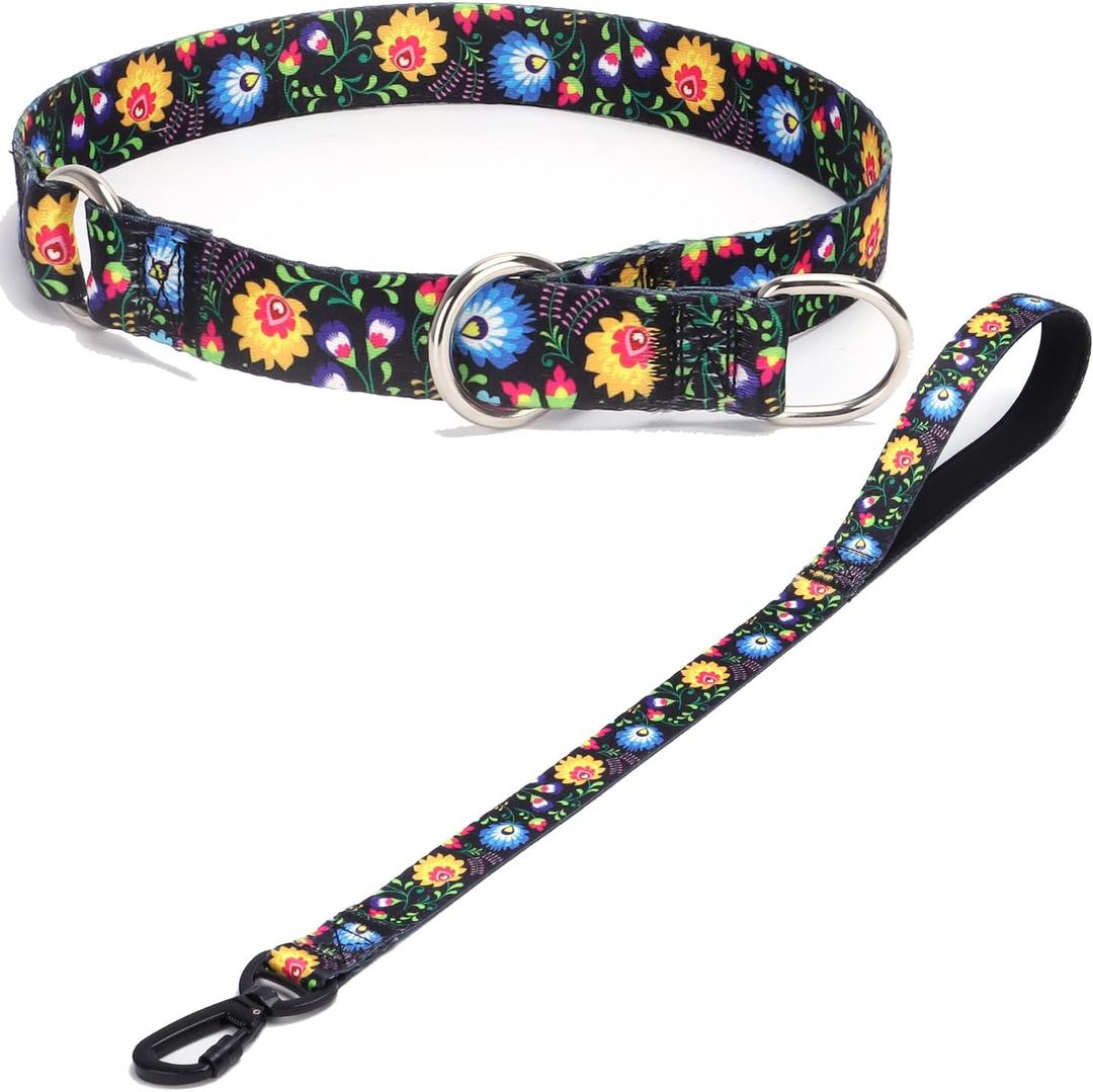 Martingale Dog Collar - No Pull Training Collar with Flower Multicolor Cute Patterns - Premium No Slip Collar with Slidable Stop Ring for Small, Medium, Large Dogs (L, Black Set)