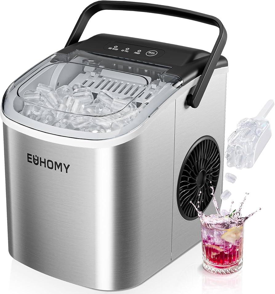 EUHOMY Countertop Ice Maker Machine with Handle, 26lbs in 24Hrs, 9 Ice Cubes Ready in 6 Mins, Auto-Cleaning Portable Ice Maker with Basket and Scoop, for Home/Kitchen/Camping/RV. 