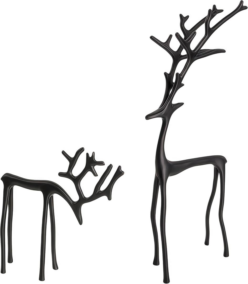 Set Of 2 Iron Reindeer Christmas Decoration Decor Black Gold Deer Metal Figurine Table Top Indoor Bronze Sculpted Mini Brass Statue Deer Tabletop Statue Skinny Small Decorative Mantle Stand (Black)
