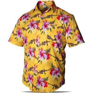 Hawaiian Shirt for Men Yellow Rifle Button Down Shirts Men Novelty Funny Flower & Weapons Shirts with Gun 4XL