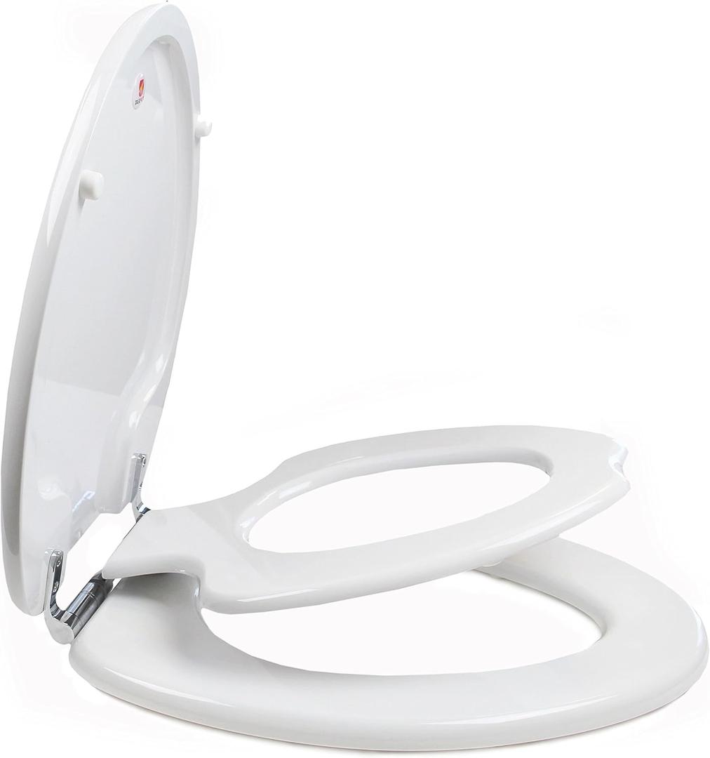 TinyHiney Potty Elongated Toilet Seat, Adult/Child, w/Chromed Metal Hinges (Elongated White)