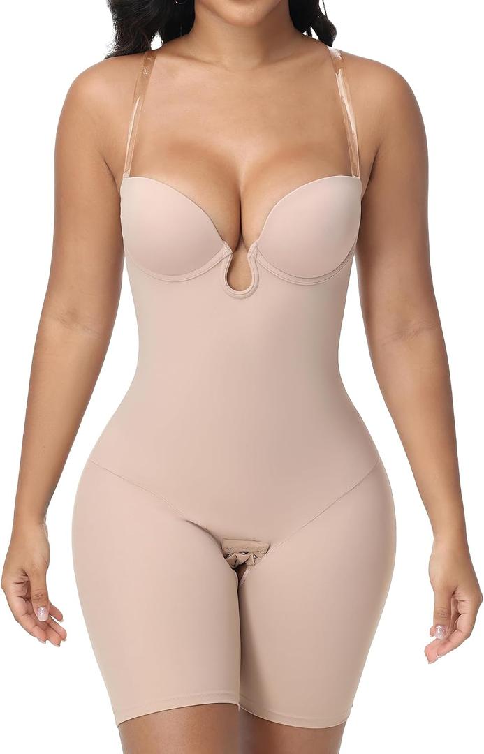 SHAPESHE Strapless Shapewear for Women Backless Bodysuit Tummy Control Built-in Bra Low Back Deep U Plunge Body Shaper, M