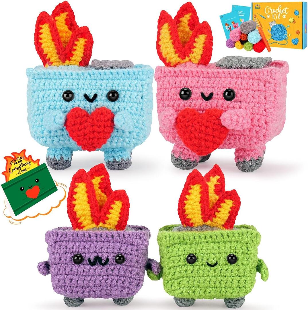 Crochet Kit for Beginners, 4PCS Dumpster Fire Crochet Starter Kit with Step-by-Step Video Tutorials, Emotional Positive Support Beginner Crochet Kits for Adults Women, Funny Crochet Gifts Valentine (Blue Pink Purple Green)