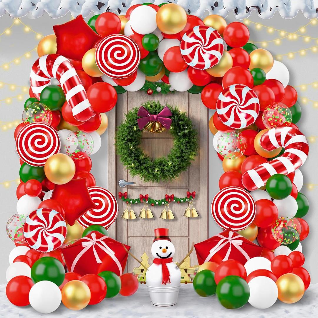 165PCS Christmas Balloons Garland Arch Kit, Xmas Red White Green Holiday Party Balloon Decorations with Candy Cane Gifts Box Red Star Foil Balloons for Christmas Themed Birthday Party Supplies