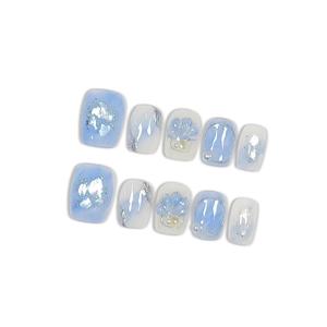 Press on Nails, Short Coffin Fake Nails, Blue Marble & Hand-Painted Silver Streaks, Icy Blue Glittering Nails, Handmade Nails Sweet Style for Office, Holiday Parties & Special Events(Size L) (B019)
