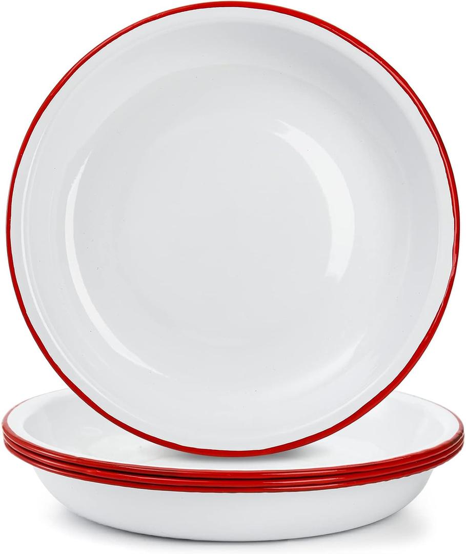 Lawei Set of 4 Enamel Dinner Plates, 10 Inch Round Enameled Camping Plate with Red Rim, Retro Salad Pasta Bowls Enamel Deep Dinner Serving Platter for Dinner, Outdoor, Picnic, BBQ, Butter Lawei Set of 4 Enamel Dinner Plates, 10 Inch Round Enameled Camping Plate with Red Rim, Retro Salad Pasta Bowls Enamel Deep Dinner Serving Platter for Dinner, Outdoor, Picnic, BBQ, Butter