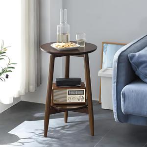 Side Table, Small Round End Table with 2-Tier Shelf, Solid Wood Nightstand for Living Room Bedroom, Mid Century Modern Accent Table for Small Spaces, Walnut 19.49" D x 24.02" H