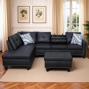 3-Piece L-Shaped Modular Leather Sofa  Convertible Sectional Couch with Movable Chaise & Storage Ottoman, Multi-Scene Use for Living Room, Apartment & Office, Black