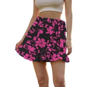 Women's Floral Ruffle Hem Wrap Shorts Casual Summer Elastic Waist Tie Front Zip Up Boho Skirts Skorts 2025 (Medium, Hot Pink)