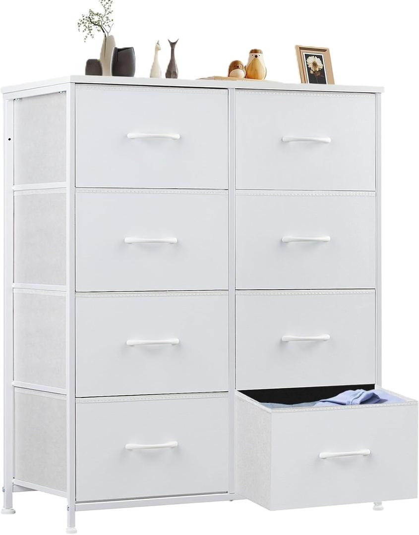 Sweetcrispy Dresser for Bedroom, Chest Organizer Unit with 8 Fabric Bins, Fabric Storage Tower, Drawer Organizer with Steel Frame, Wooden Top for Nursery, Living Room, Closet (31.5"D x 11.8"W x 36.4"H (8 Drawers), White)