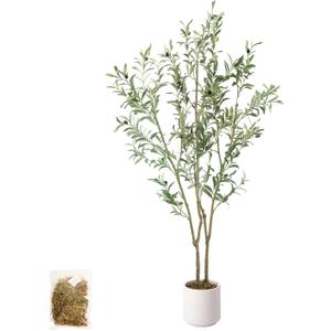 Artificial Fake Olive Tree 5FT Tall 1Pack with White Planter Faux Silk Olive Tree for Home Living Room Office Decor Faux Artificial Plants Indoor with Fruit & Free Moss