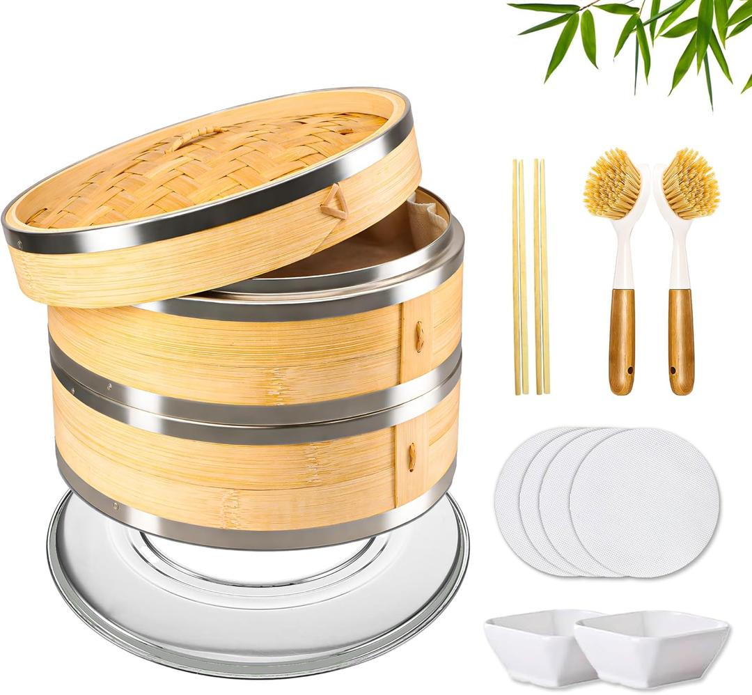 Bamboo Steamer Basket 10 Inch 2 Tier Set for Cooking | Dumpling Steamer Basket for Dim Sum, Bao Buns, Momos, Rice & Vegetables | Natural Bamboo Steamers with Liners & Accessories
