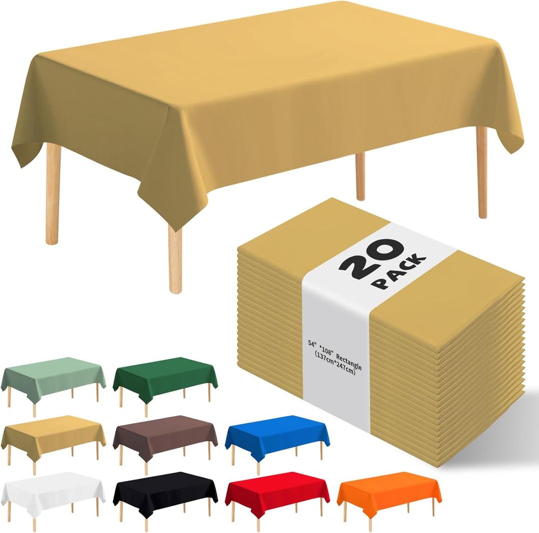 20 Pack Gold Disposable Plastic Table Cloth, 54" x 108" Rectangle Premium Disposable Tablecloth for 6 to 8 Foot Party Birthday Wedding Indoor or Outdoor (20 Pack-Rectangle, Gold)