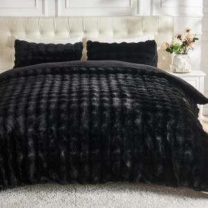 Lotus Karen Fluffy Comforter Cover Set-Rabbit Fluff Faux Fur Duvet Cover Queen Size,Black Plush Fuzzy Furry Bedding Sets 3Pieces(1 Duvet Cover & 2 Pillow Shams),Zipper Closure