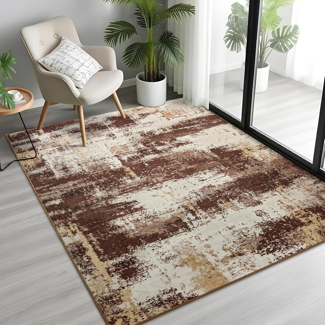 Modern Abstract 3x5 Rug for Entryway, Non Slip Machine Washable Area Rug, Soft Low Pile Ultra Thin Distressed Doormat for Indoor Entry, Kitchen, Dorm, Living Room, Bedroom, Brown