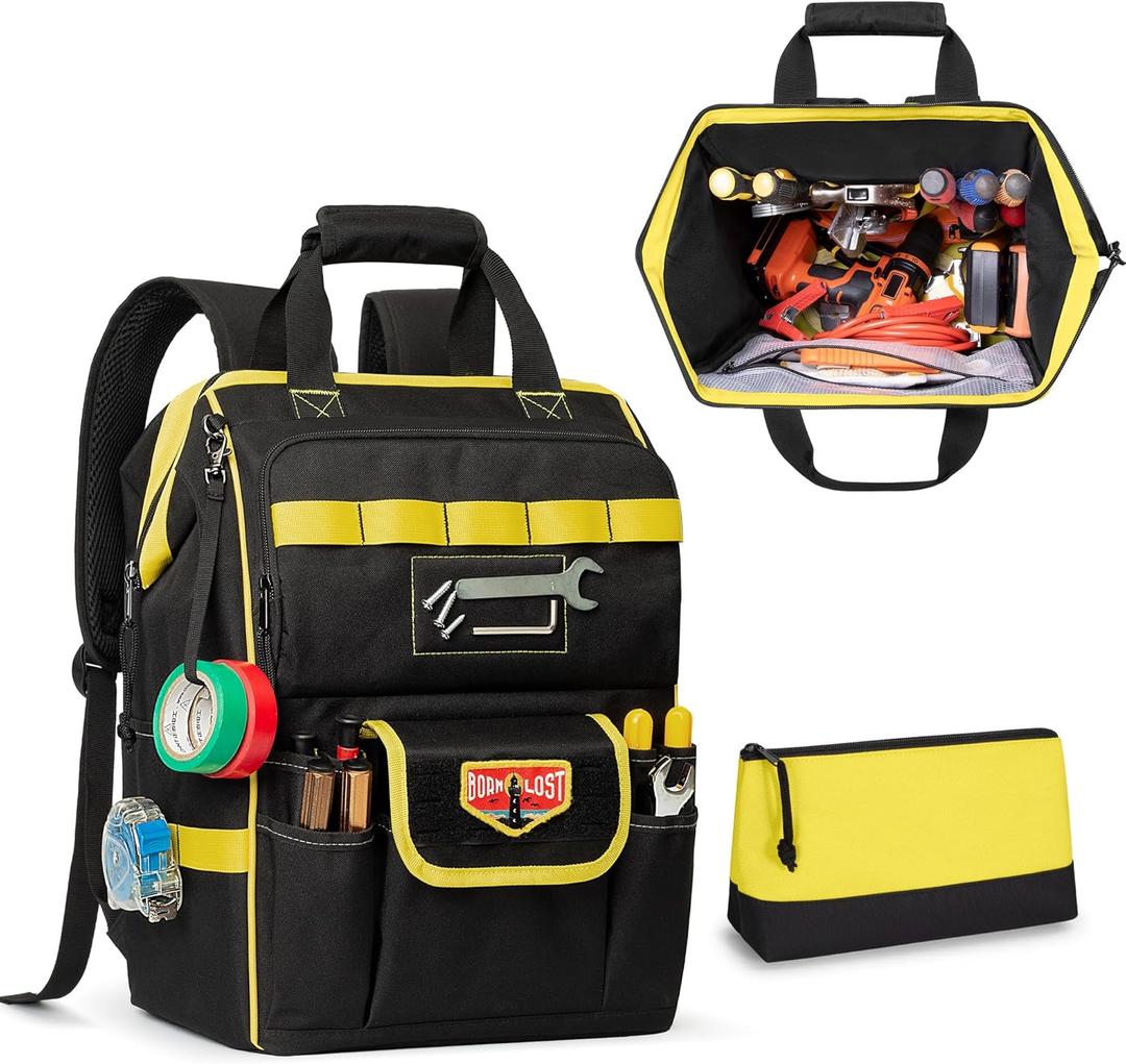 Rexmica Tool Bag Backpack with Zipper Pouch and Magnetic Attraction Area, Heavy-Duty Tool Storage Organizer Bag, Tactical Work Tool Bag for Electrician, Repairman, HVAC Techs, Black