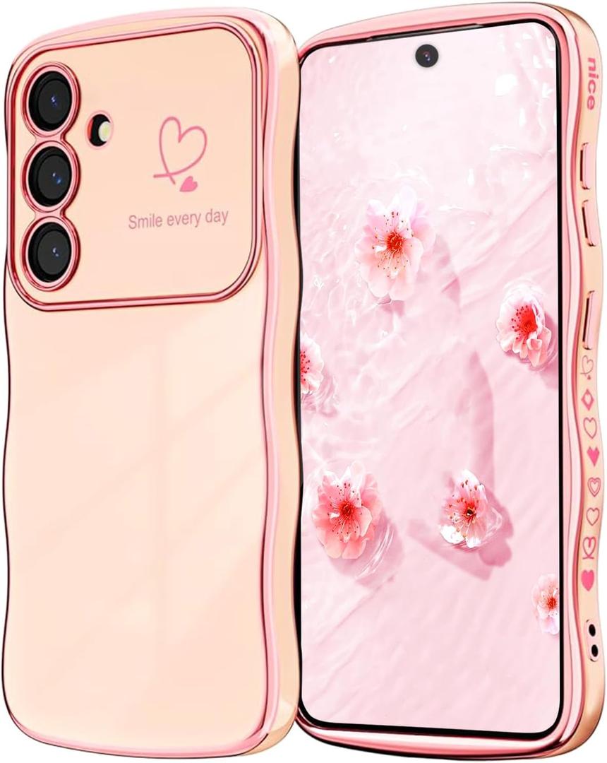 NITITOP Compatible with Samsung Galaxy A14 4G/5G Case Cute Luxury Women Girls Men with Love Heart Electroplated Pattern Curly Wave Frame Raised Camera Shockproof Protection Cover-Pink