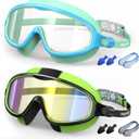 Kids Swim Goggles 2 Pack, Anti-Fog UV Protection Wide View Swimming Goggles for kids 3-15 Youth Boys Girls Toddler (Blue/Clear & Green/Mirrored)