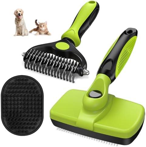 Augwind 3PCS Self Cleaning Slicker Brush & Pet Grooming Rake & Bath Brush for Dogs and Cats | Skin Friendly Deshedding Grooming Tool & Double-Sided Dematting Tool | Premium Pet Supplies (Green Black)