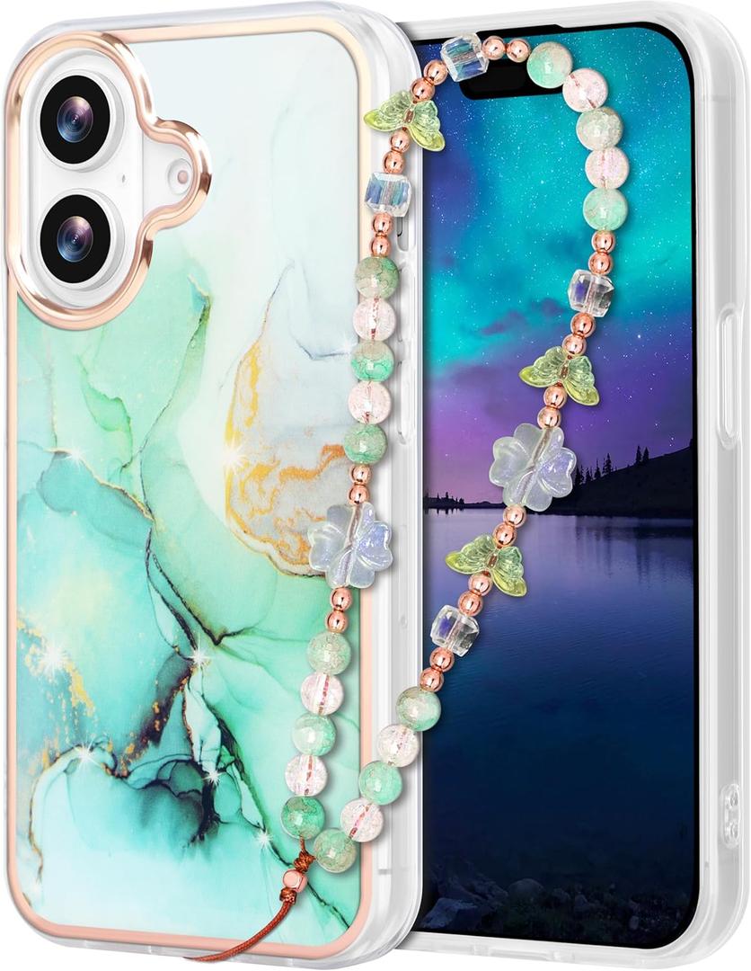 Compatible with iPhone 16 Plus Case for Women Girls, Slim Fit Girly Phone Case for iPhone 16 Plus with Butterfly Phone Charm Lanyard Wrist Strap, Shockproof Hard Case 6.7 Inch Marble Green