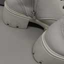 IDIFU IN3 Platform Combat Boots for Women Mid Calf Lace Up Boots Lug Sole Low Chunky Block Heel Boots Closed Round Toe Side Zipper Booties Fashion Thick Fall Heeled Boots-LOOSEN ALL LACES FIRSTLY (7, White Pu)