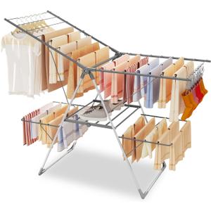 Bigzzia Clothes Drying Rack Foldable, 2-Level Large Laundry Drying Rack Collapsible, Stainless Steel Drying Rack Clothing for Indoor Outdoor, Easy to Fold, 33 Drying Rails, 142cm, Gray