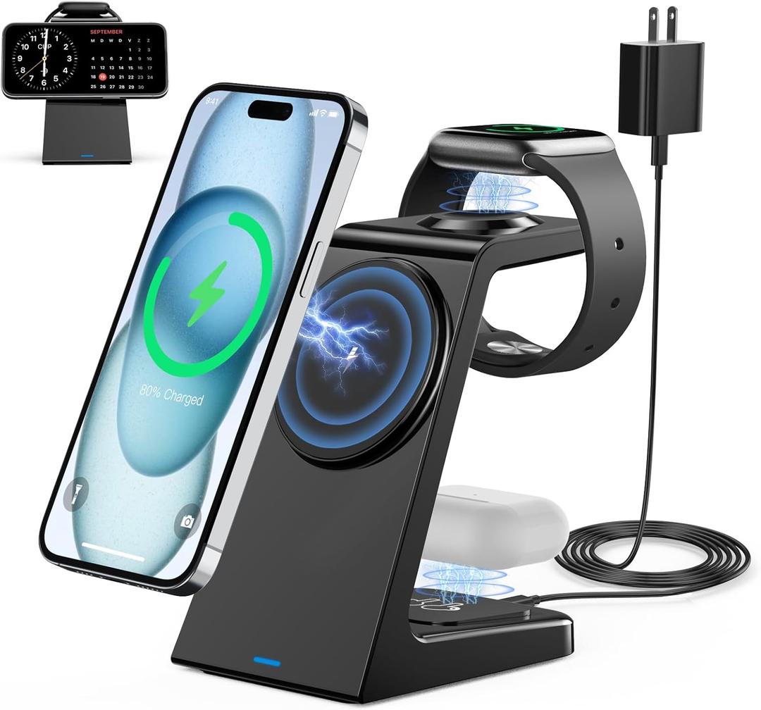 3 in 1 Magnetic Wireless Charging Station Apple 20W Charger Stand Magnetic Wireless Charger for iPhone 16 15 14 13 12 Pro/Pro Max/Plus/Mini AirPods 2/3/Pro iWatch Ultra/8/7/SE/6/5/4/3/2 (3 in 1) (Black)