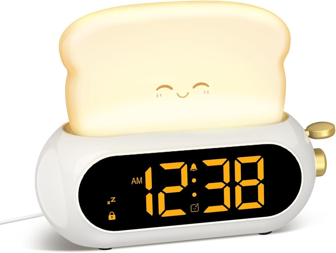 Kids Alarm Clocks for Bedroom, Cute Digital Clock with Night Light, 10 Ringtones, 10 Volumes, Nap Timer, Brightness Dimmer, Snooze, Bedside Alarm Clocks for Boys Girls Teens Birthday Gift, Plug-in Use (White)