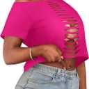 LovelyWholesale Womens Off The Shoulder Crop Tops Sexy Cut Out Ripped Short Sleeve T Shirts Hot Pink Small (Pink, S)