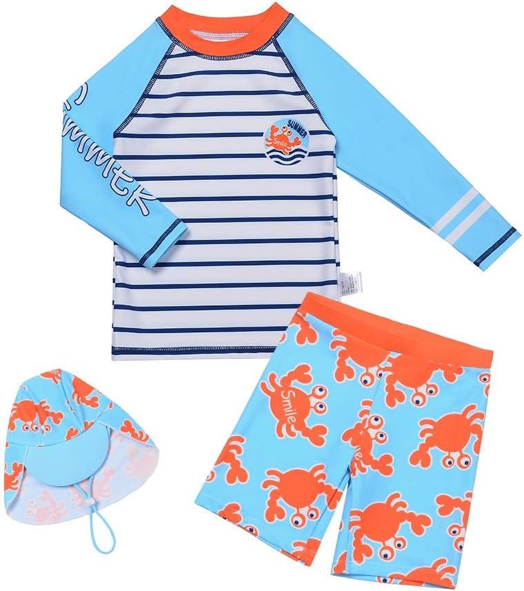 Boys Rash Guard Swimsuits Sets Shark Print Long Sleeve Bathing Suit Swimwear Set with Hat,130/60