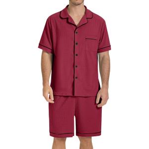 SIORO Mens Pajamas Set Short Sleeve Sleepwear Button Down Pjs Set Waffle Knit Loungewear Nightwear Shorts Set with Pockets (Medium, Red)