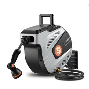 SUNPOW Retractable Garden Hose Reel - 1/2 inch x 50ft Wall Mounted Hose Reel with 3/4 inch Brass Fitting & 10 Function Sprayer Nozzle - Any Length Lock, Auto Rewind System, 180°Swivel Bracket - Grey
