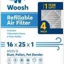 Woosh 16x25x1 Refillable Air Filter MERV 8 Furnace 4-Pack Starter Kit