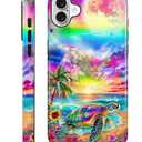 Compatible with iPhone 16 Case - Hybrid Heavy Duty 2 in 1 Full Body Rugged Shockproof Protection Glossy Case for iPhone 16 - Sea Turtle Sunflowers