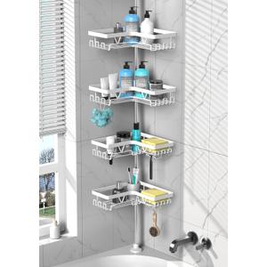 Shower Caddy Tension Pole Corner - Stainless Steel Bathroom Organizer White Tension Rod Shower Shelves for Tub(22-114.2inch), Renter Friendly
