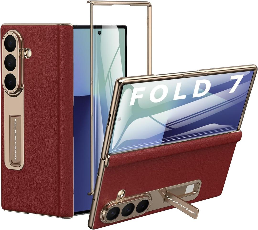 for Samsung Galaxy Z Fold 7 Phone Case,Luxury Genuine Leather,Full Body Hinge Protection,Built-in Screen Protector,Kickstand Slim Phone Cover for Galaxy Z Fold7 (Red)