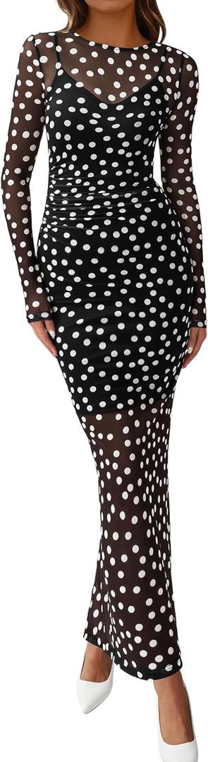 BTFBM Fall Dresses for Women 2025 2 Piece Set Long Sleeve Polka Dot Sexy Bodycon Mesh Dress and Slip Dress Party Wedding (Large, Big Dot Black White)