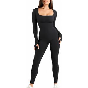 Popilush Women's Long Sleeve Jumpsuit with Built-in Bra, Square Neck, Full Length, Stretchy Skinny Workout Leggings (Black, Medium)