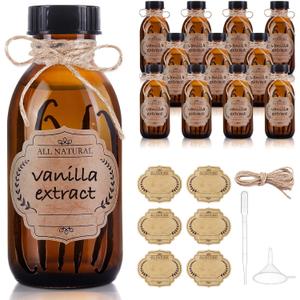 12 Pack 4 oz Vanilla Extract Bottles, Amber Boston Glass Bottle with Cap Empty Brown Glass Bottles for Homemade Vanilla Extract, Essential Oils, Juice, Potion, Syrup, Liquids, Christmas Gift