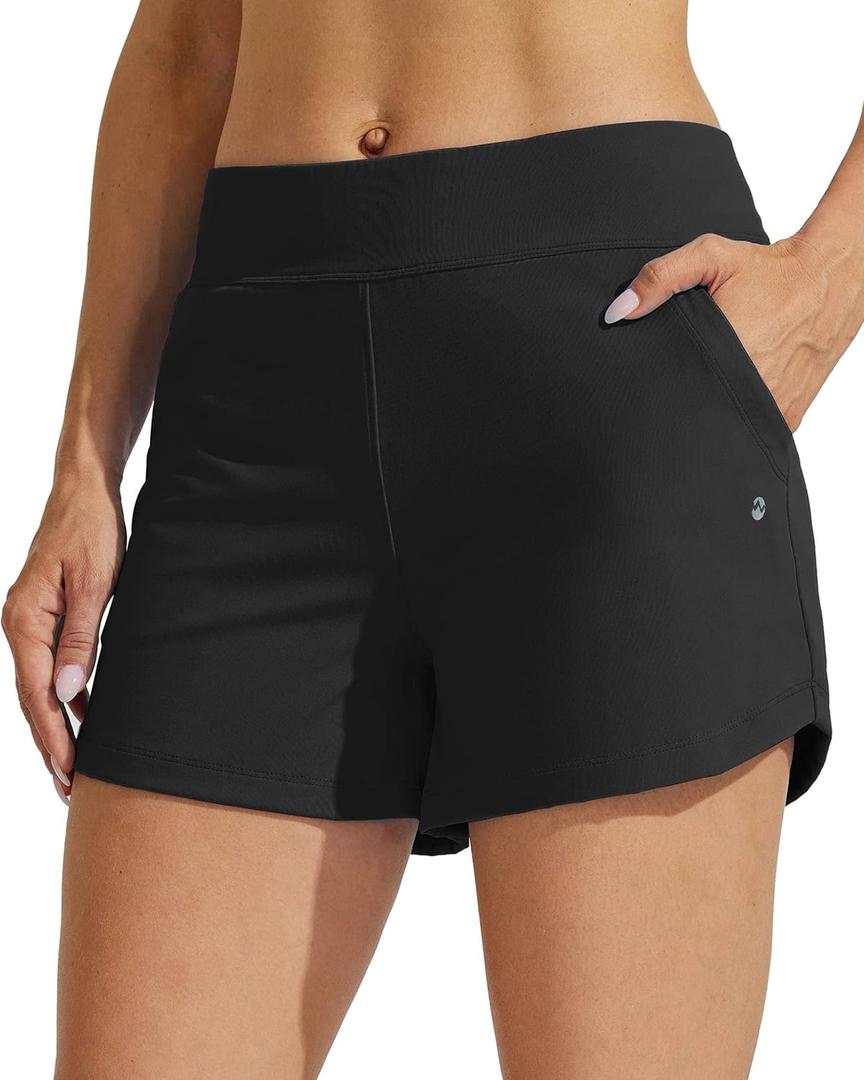 Willit Women's Swim Board Shorts Swimming Bottoms Tummy Control Beach Shorts with Liner (Large, Black)
