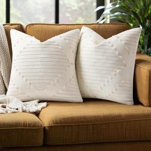 Mecatny Boho Outdoor Throw Pillow Covers 20X20 Set of 2, Farmhouse Decorative Pillow Covers for Couch Sofa Living Room, Beige & Cream White